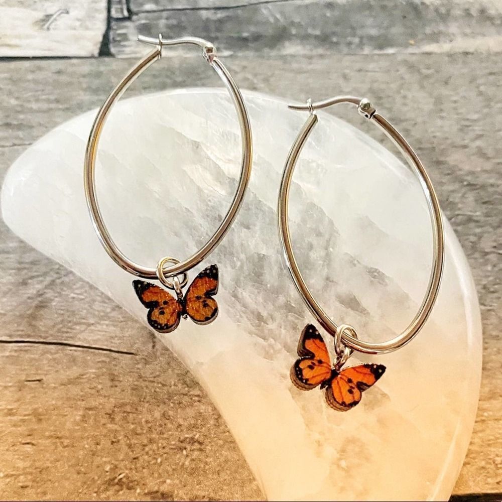 Stainless Steel Wooden Butterfly Hoop Earrings